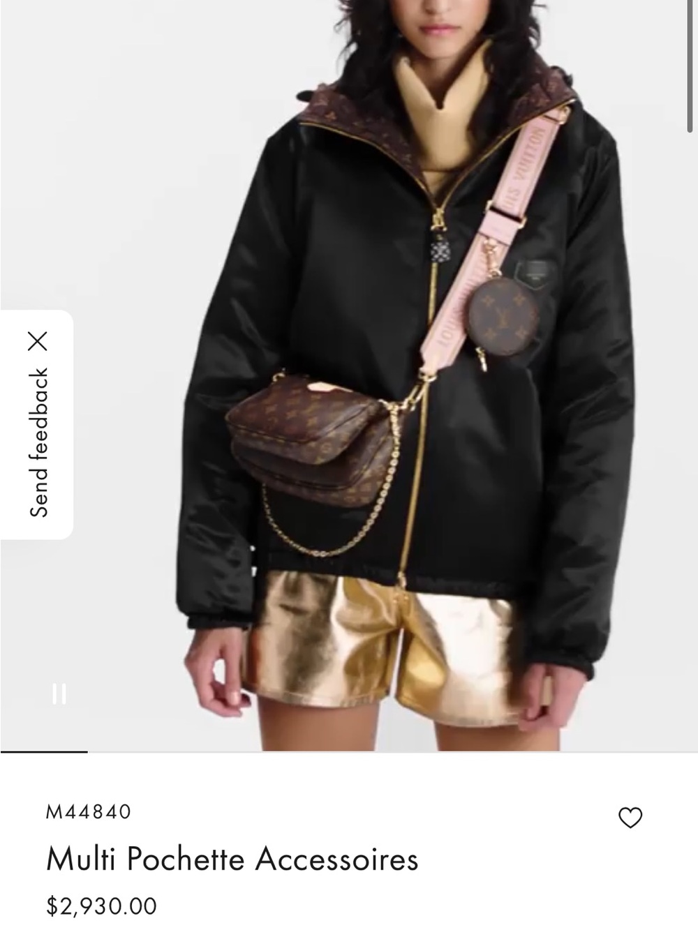Louis Vuitton Black Puffer Jacket with Pink Strap and Brown Monogram Accents